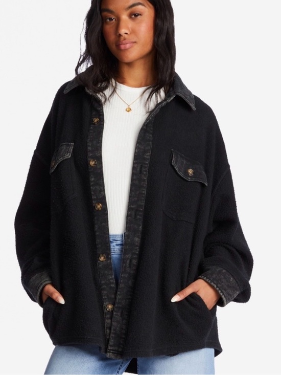 Billabong Jackets & Blazers - BONGO Black Oversized Teddy Shacket with Contrast Trim